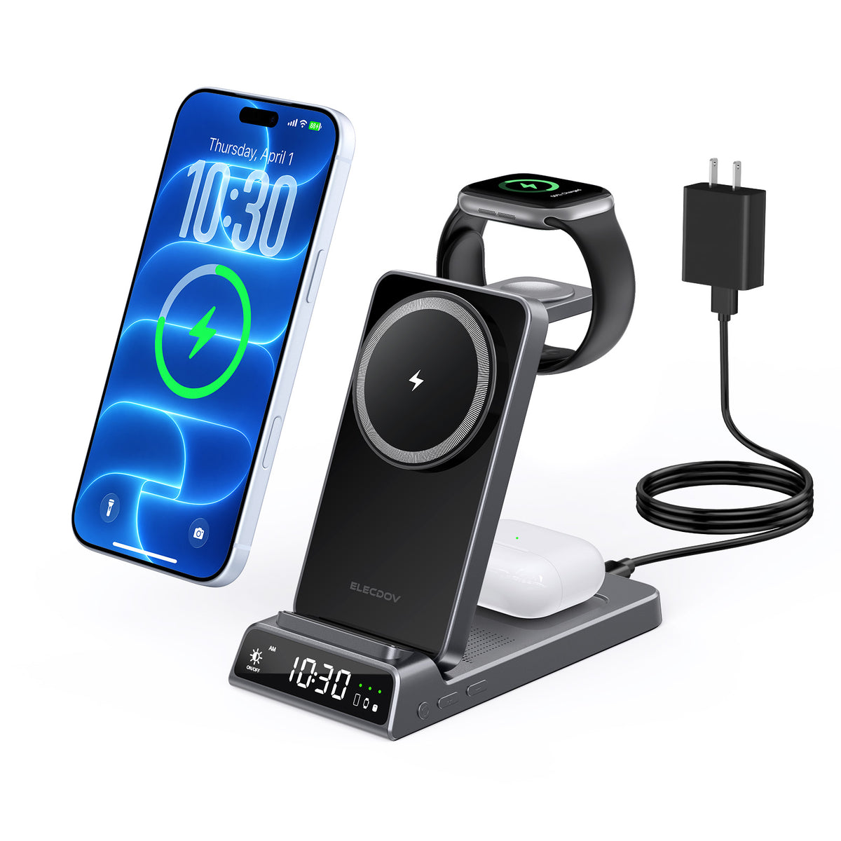 Elecdov CE19A 適用於 Apple 的 3 合 1 磁吸充電座，附充電器插頭