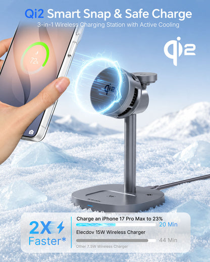 Elecdov W98S 三合一磁吸充電座，適用於三星 Qi2 認證充電器，附充電器插頭