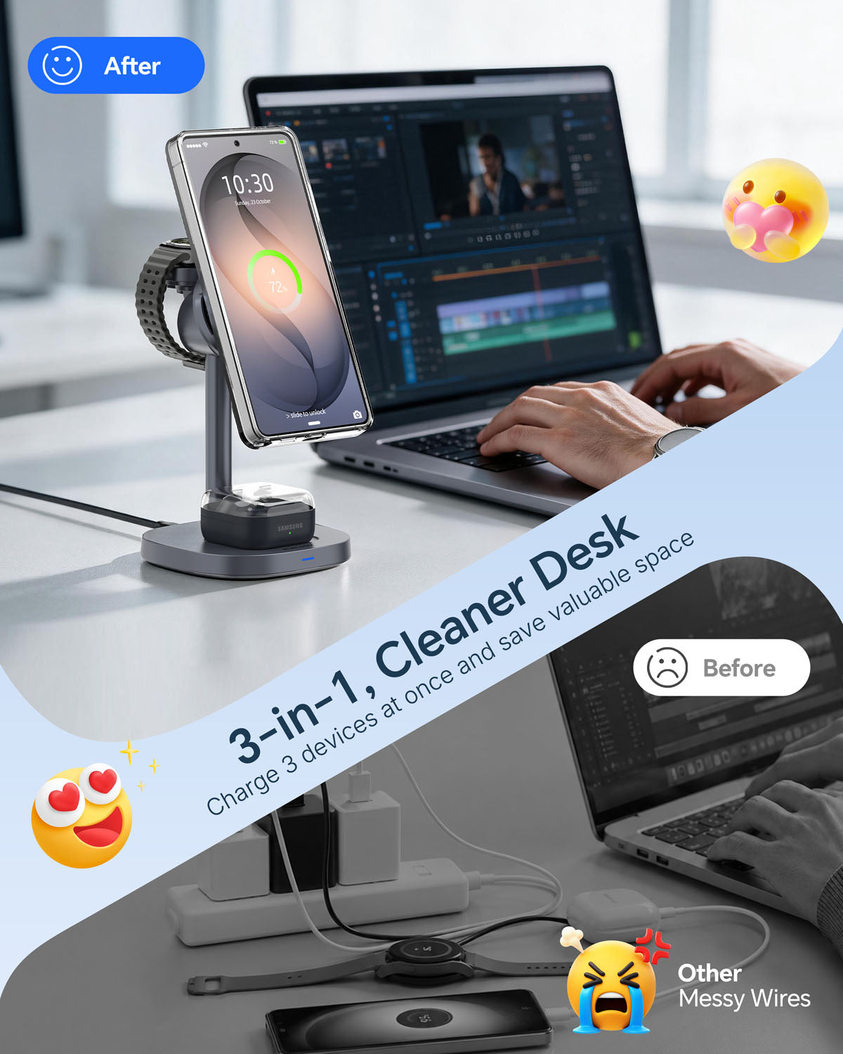 Elecdov W98S 三合一磁吸充電座，適用於三星 Qi2 認證充電器，附充電器插頭