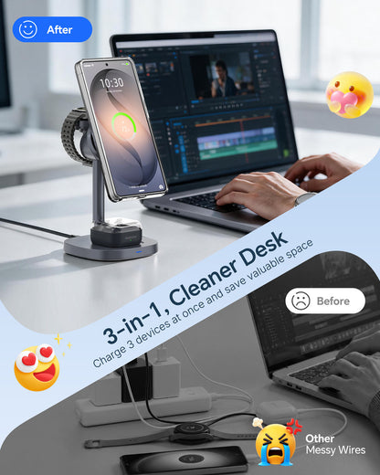 Elecdov W98S 三合一磁吸充電座，適用於三星 Qi2 認證充電器，附充電器插頭