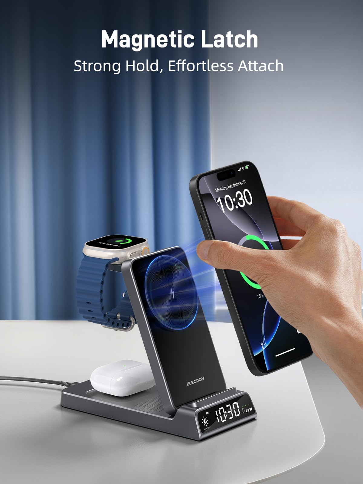 Elecdov Magnetic 3 in 1 Charging Station with Clock for Apple Devices