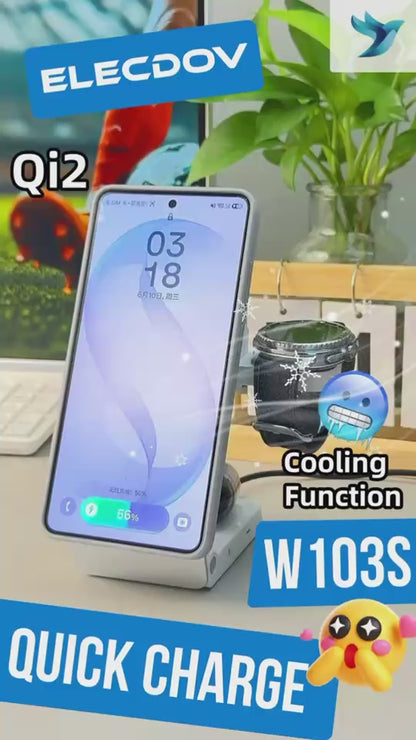 Elecdov W103S 三合一三星專用磁吸充電座，通過 Qi2 認證，隨附充電插頭