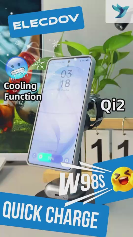 Elecdov W98S 三合一磁吸充電座，適用於三星 Qi2 認證充電器，附充電器插頭
