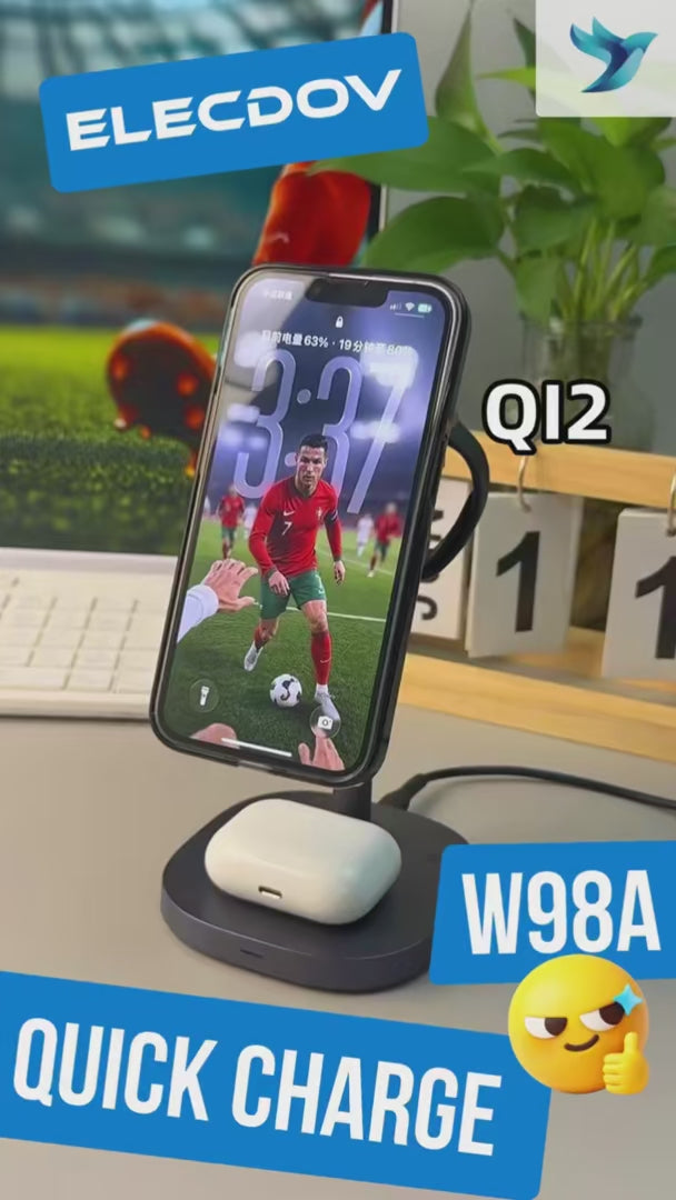 Elecdov W98A 3 合 1 磁吸充電座，適用於 Apple Qi2 認證充電器，附充電器插頭