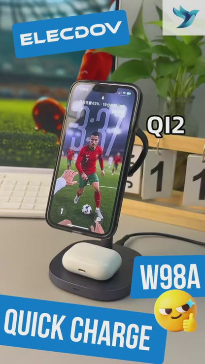 Elecdov W98A 3 合 1 磁吸充電座，適用於 Apple Qi2 認證充電器，附充電器插頭